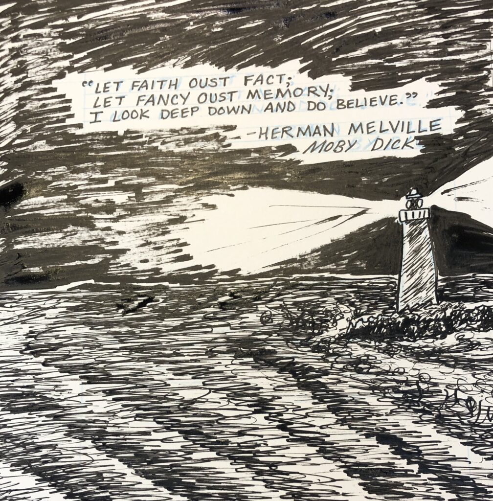 A pen and ink drawing of a lighthouse on a stormy night with a quote from Moby Dick